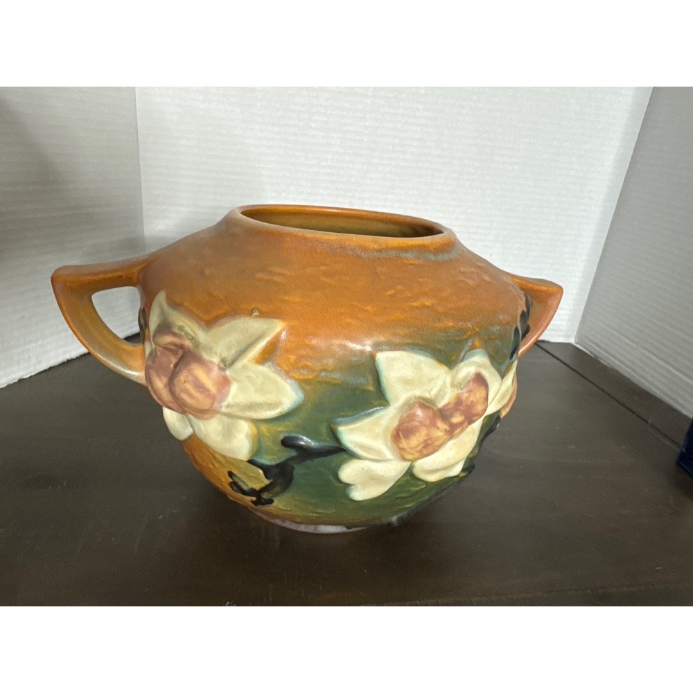 Roseville Pottery Clematis 115-6 Double Handled Bowl Vase Brown Green Vintage